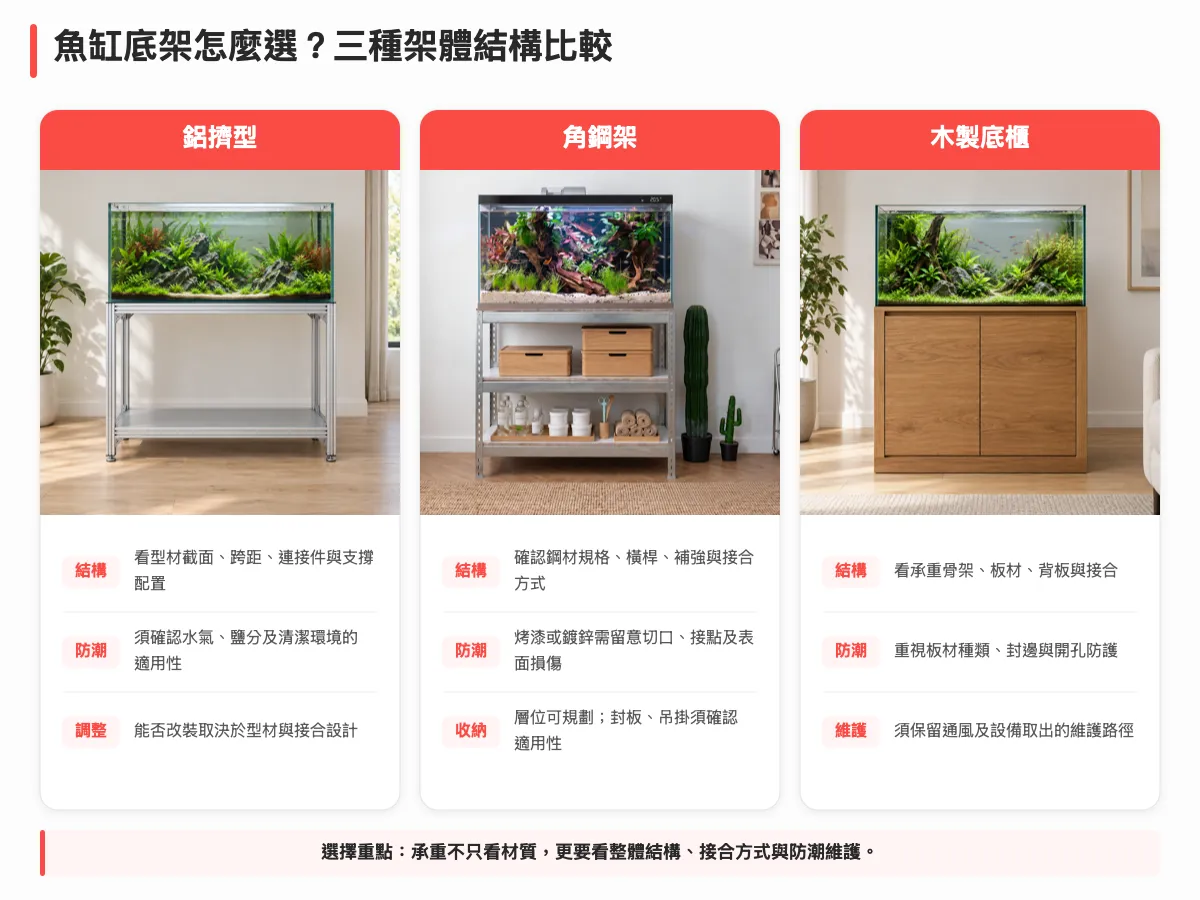 鋁擠型鋼製架與木製魚缸底櫃的結構比較